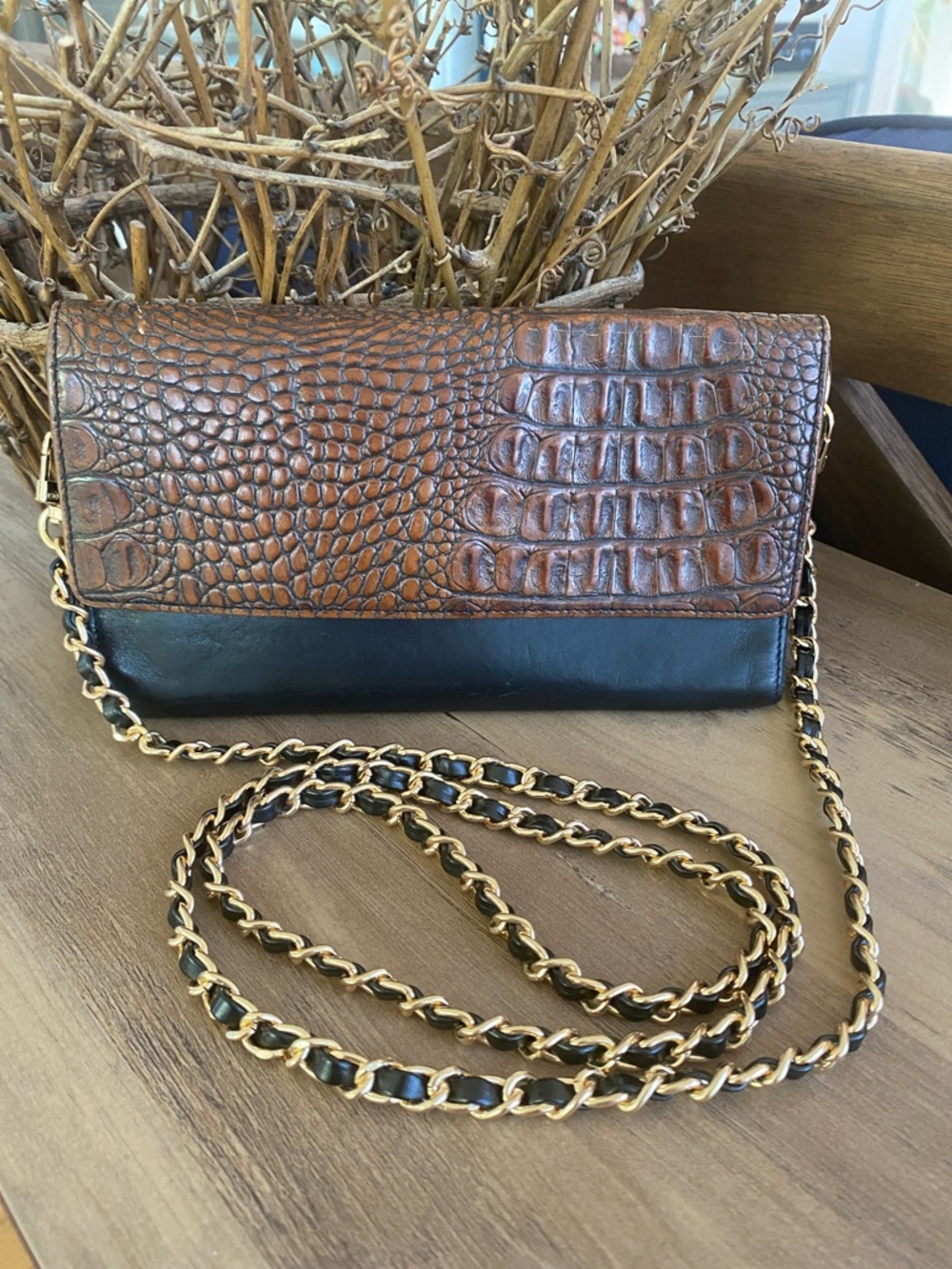 Brahmin Brown Croc-Embossed Leather Wallet with Chain